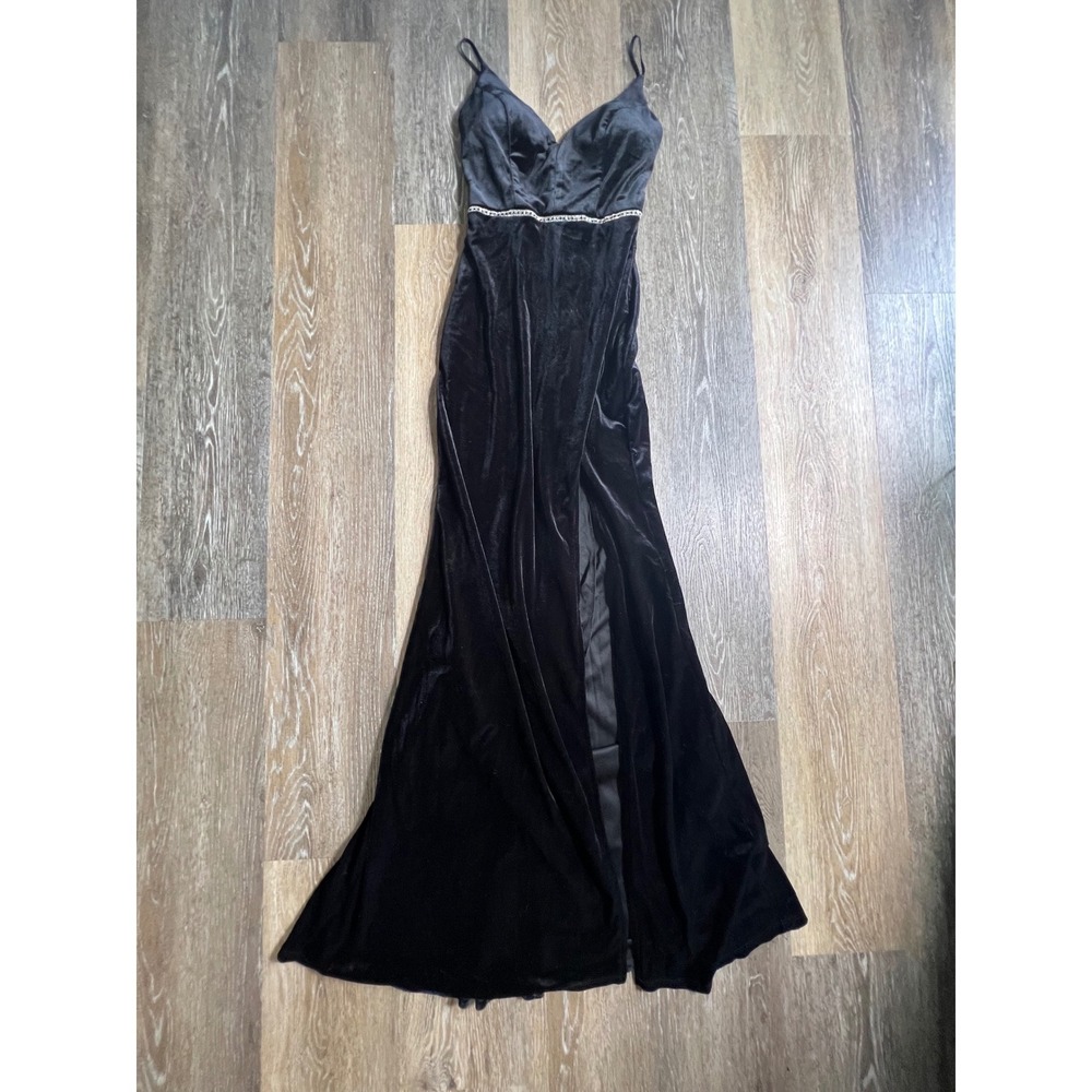 City Vibe Velvet Maxi Dress Women 0 Black Excellent Rhinestone Slit Gown